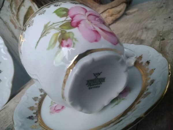 Mitterteich Bavaria Vintage Porzellan Sammelgedeck Sammeltasse Tasse Untertasse Untertasse weiss Rosen Gold boheme Landhaus – Bild 3