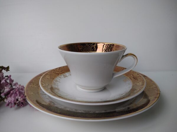 VEB Porzellanwerk Weimar Porzellan Sammelgedeck Tasse Untere Kuchenteller shabby chic Geschirr Gold made in GDR – Bild 5