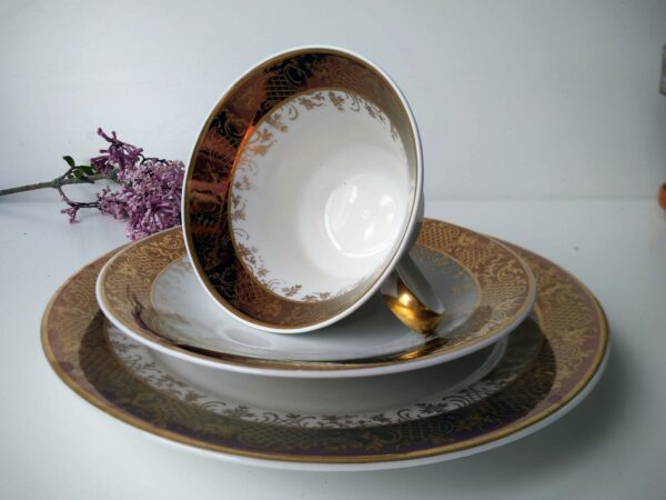 VEB Porzellanwerk Weimar Porzellan Sammelgedeck Tasse Untere Kuchenteller shabby chic Geschirr Gold made in GDR – Bild 6