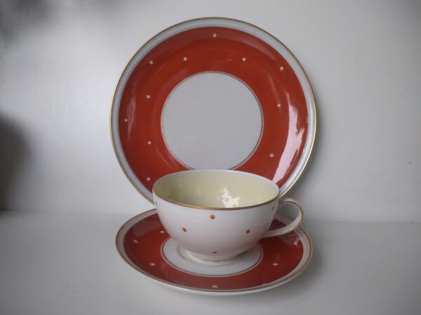 KAESTNER Saxonia Vintage Kaffeeservice 6 Pers. Kaffeekanne Zuckerdose Kännchen Tasse Kuchenteller GDR DDR weiß roter Dekor Polkadot Service – Bild 4