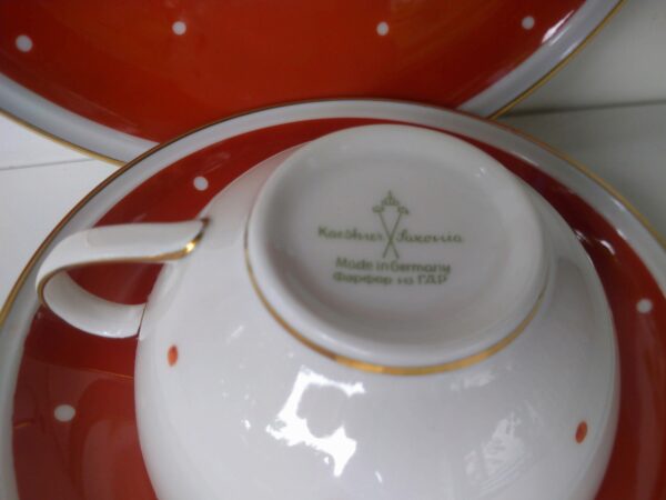 KAESTNER Saxonia Vintage Kaffeeservice 6 Pers. Kaffeekanne Zuckerdose Kännchen Tasse Kuchenteller GDR DDR weiß roter Dekor Polkadot Service – Bild 5