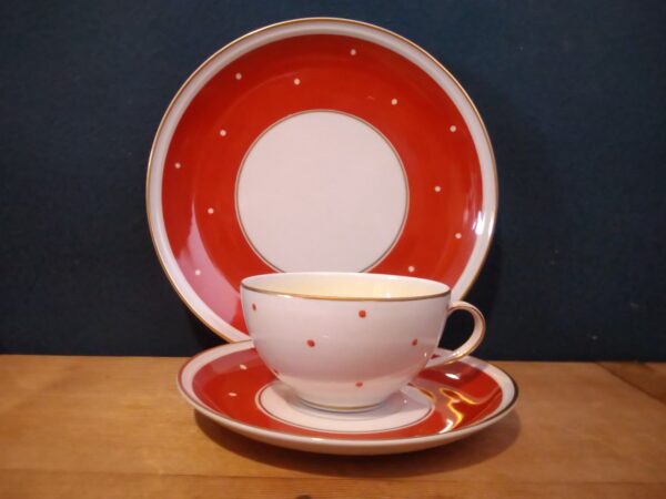 KAESTNER Saxonia Vintage Kaffeeservice 6 Pers. Kaffeekanne Zuckerdose Kännchen Tasse Kuchenteller GDR DDR weiß roter Dekor Polkadot Service – Bild 9