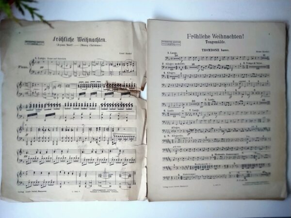 Tongemälde Ernst Koedel "Fröhliche Weihnachten" 1925 Orchester Edition Verlag Louis Oertel Notenblätter groß 27x34cm antik alte Noten – Bild 5