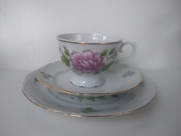 VEB Porzellanwerk LICHTE Porzellan Sammelgedeck Tasse Untere Kuchenteller shabby chic Geschirr Rosen Gold made in GDR 70er Jahrgang – Bild 6