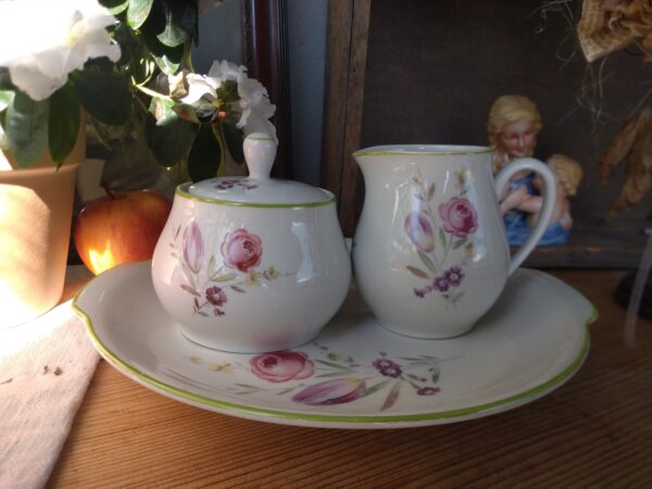 Sonneberg Porzellan Hüttensteinach Servierteller Platte Zuckerdose Milchkännchen ca 1933 - 1956 Landhaus Teller Blumen vintage shabby chic – Bild 10