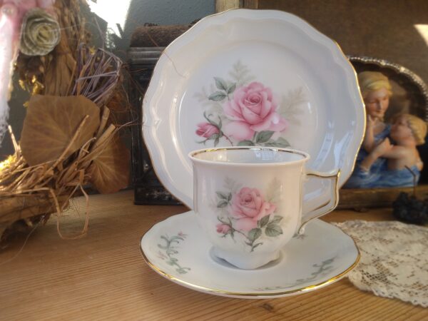 SCHIRNDING Porzellan Sammelgedeck Rosendekor Sammeltasse 70er Jahrgang Tasse Untertasse Kuchenteller shabby chic