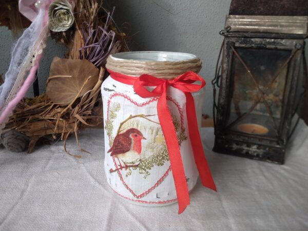 Windlicht aus Upcycling Glas in shabby chic mit winterlichen Vogel-Design - Geschenk zum Weihnachten – Bild 7