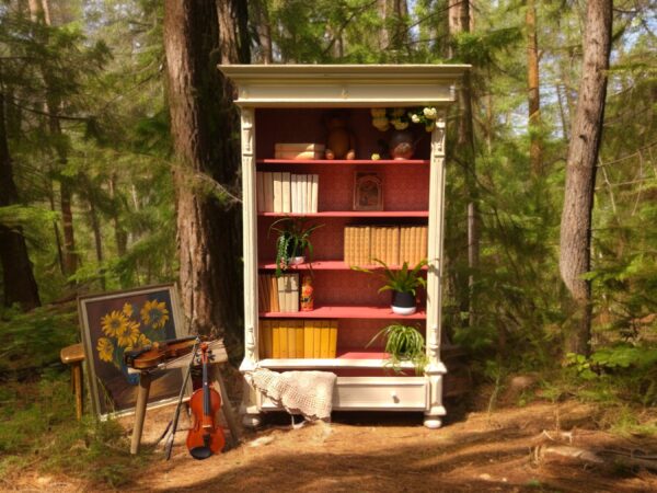 Einzigartiger antiker Schrank als Bücherregal mit Historische Tapete - Schrank in Shabby Chic Stil - Wohnzimmer Möbeln in Landhausstil – Bild 10