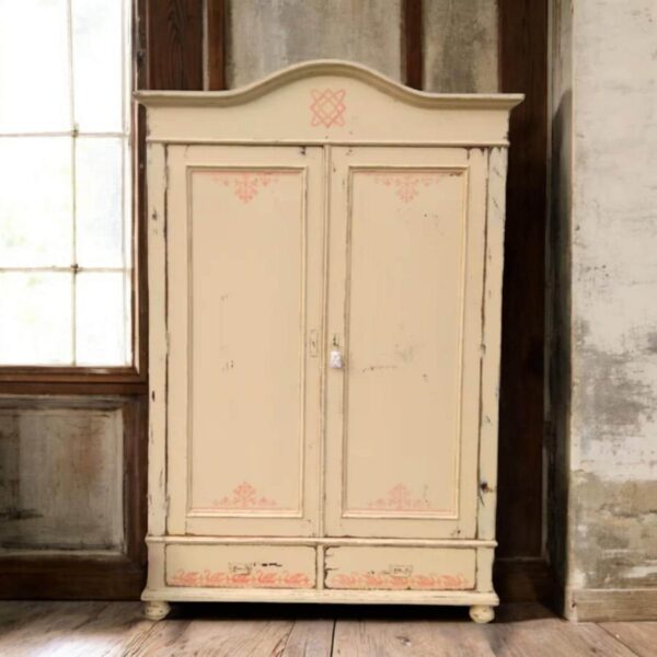 Antiker Shabby Chic Kleiderschrank mit zwei Schubladen, Schrank im Landhausstil für Eingangsbereich, Schlafzimmer oder Gästezimmer