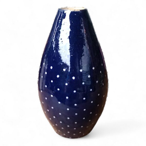 Vintage Vase Bürgel Keramik, Blau mit weißen Punkten, handgefertigt, 17 cm, traditionelle Thüringer Handwerkskunst, dekorativ und funktional – Bild 7