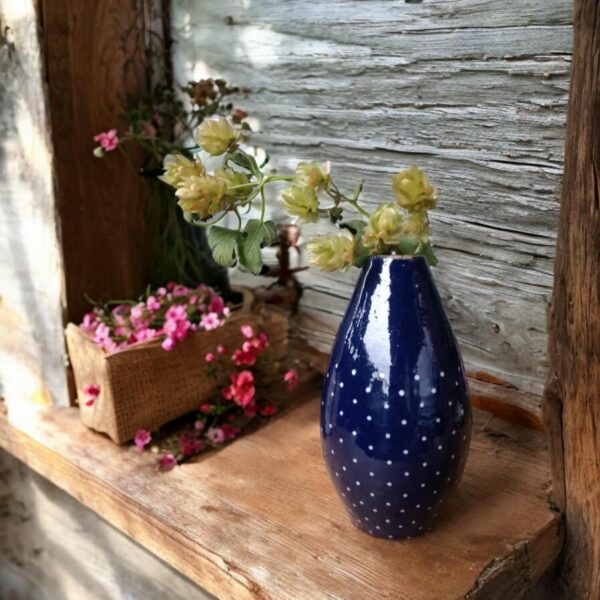 Vintage Vase Bürgel Keramik, Blau mit weißen Punkten, handgefertigt, 17 cm, traditionelle Thüringer Handwerkskunst, dekorativ und funktional – Bild 3