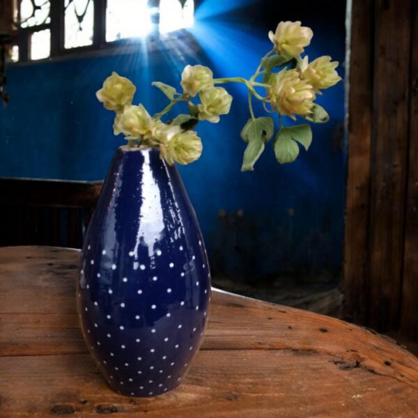 Vintage Vase Bürgel Keramik, Blau mit weißen Punkten, handgefertigt, 17 cm, traditionelle Thüringer Handwerkskunst, dekorativ und funktional – Bild 2