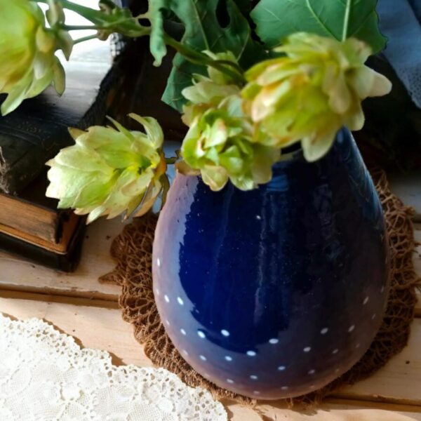Vintage Vase Bürgel Keramik, Blau mit weißen Punkten, handgefertigt, 17 cm, traditionelle Thüringer Handwerkskunst, dekorativ und funktional – Bild 5
