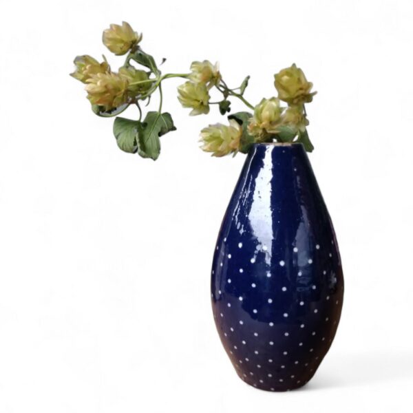 Vintage Vase Bürgel Keramik, Blau mit weißen Punkten, handgefertigt, 17 cm, traditionelle Thüringer Handwerkskunst, dekorativ und funktional – Bild 4