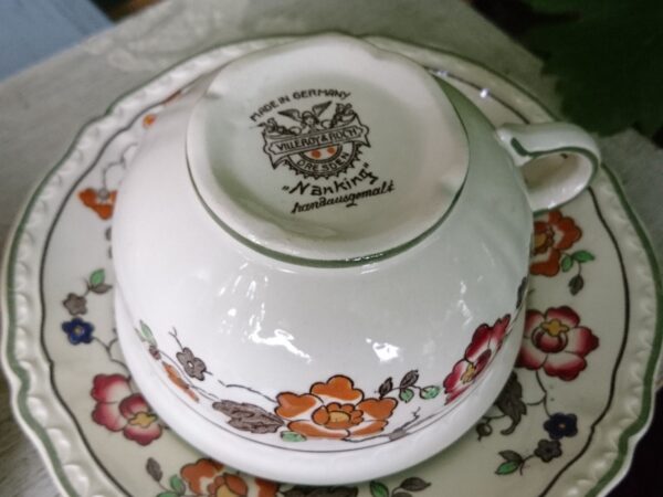 Villeroy und Boch V&B NANKING Teetasse mit Untertasse Steingut Keramik Tasse weiß mit Blumendekor Handgemalt antik – Bild 4