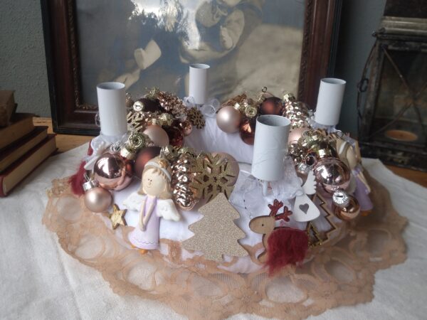 Nostalgischer Adventskranz ca 28cm mit Spitze Engel Glaskugeln shabby chic