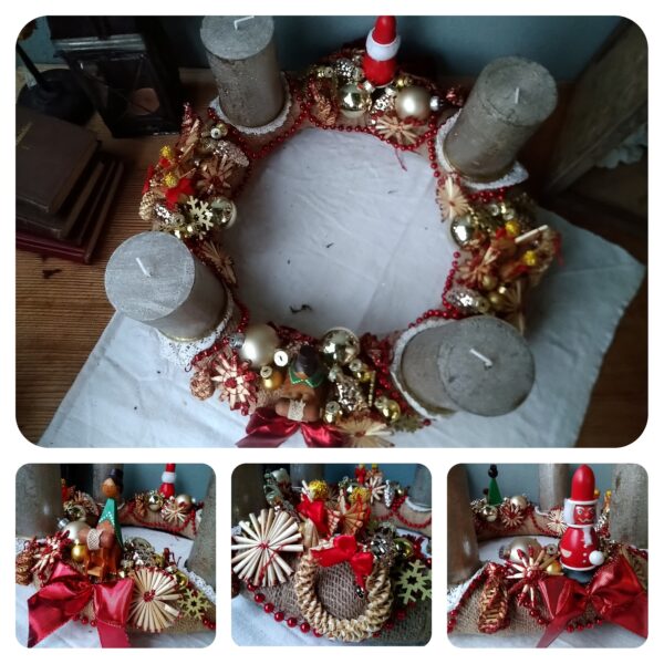 Adventskranz ca 43cm mit 4 Kerzen und Glaskugeln Weihnachten shabby chic Weihnachtsschmuck Deko Stroh Schmuck – Bild 2