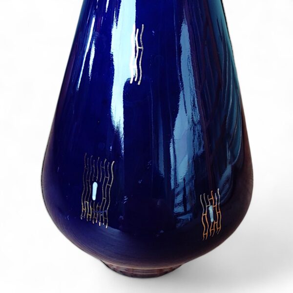 Elegante Mid-Century Volkstedt Vase, kobaltblau mit handgemaltem Golddekor, 1950er DDR, besondere Form – stilvolles Sammlerstück! – Bild 6