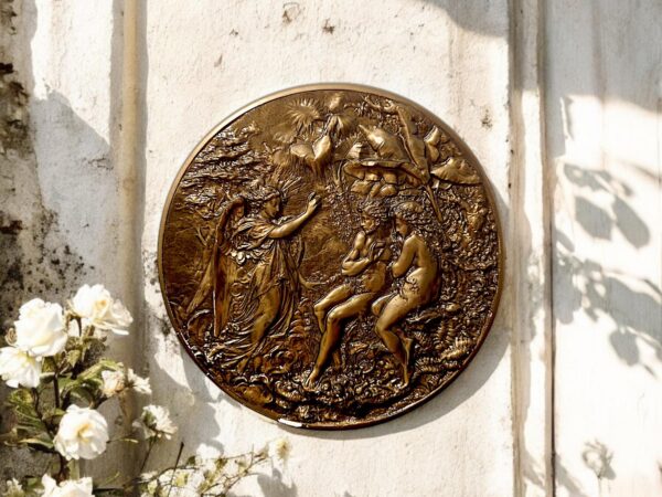 Wandschmuck mit Adam, Eva und Engel Raphael im Garten Eden – ein kunstvolles Relief mit historischer Tiefe